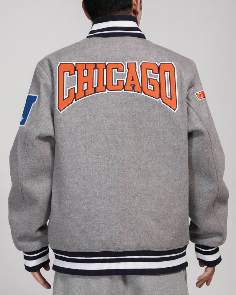 PRO STANDARD CHICAGO BEARS CREST EMBLEM WOOL VARSITY JACKET (HEATHER GREY/MIDNIGHT NAVY)