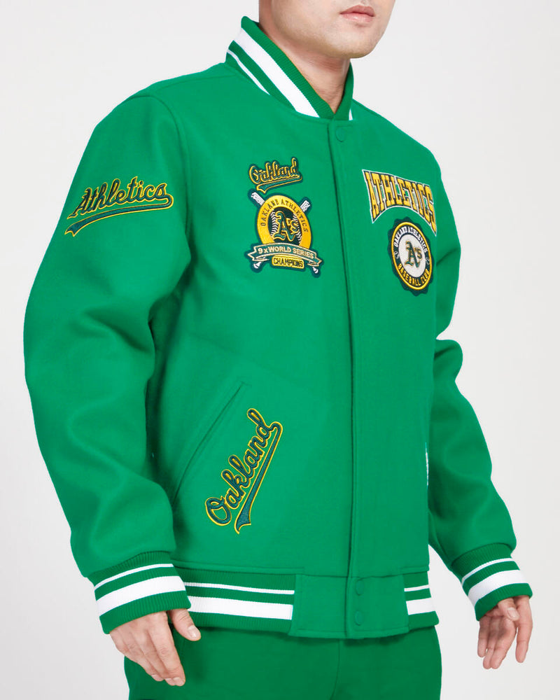 PRO STANDARD OAKLAND ATHLETICS CREST EMBLEM RIB WOOL VARSITY JACKET (KELLY GREEN)