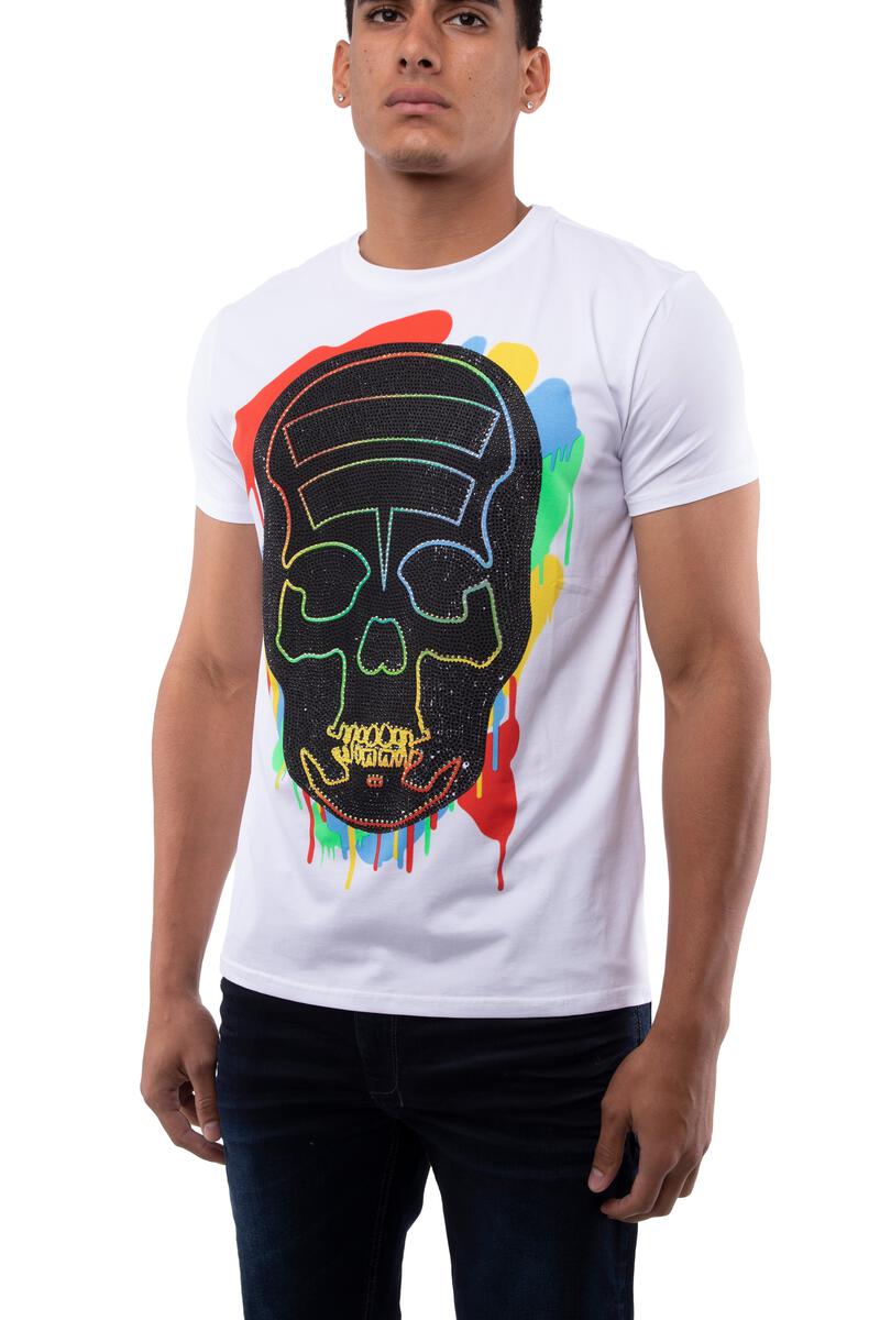 XRAY Skull Rhinestone Paint Drip Shirt (White)