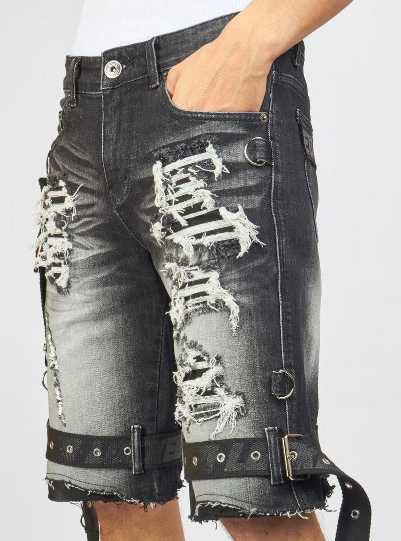 Locked & Loaded Stone Wash Denim Shorts (Black)