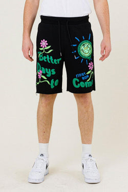 First Row Denim FLOWER GRAPHIC TERRY SHORT (BLACK)