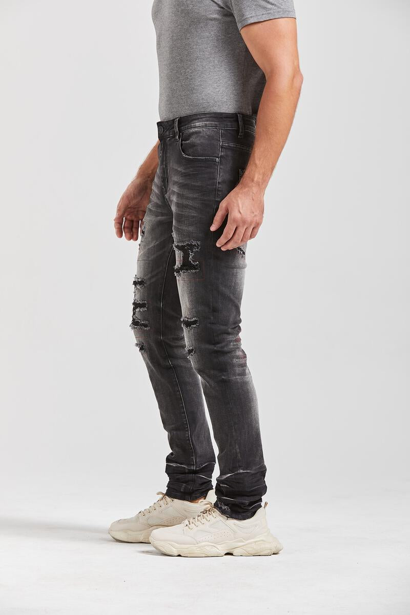 Foreign Local STITCHED RIPS AND REPAIR SLIM SKINNY JEAN (BLACK)