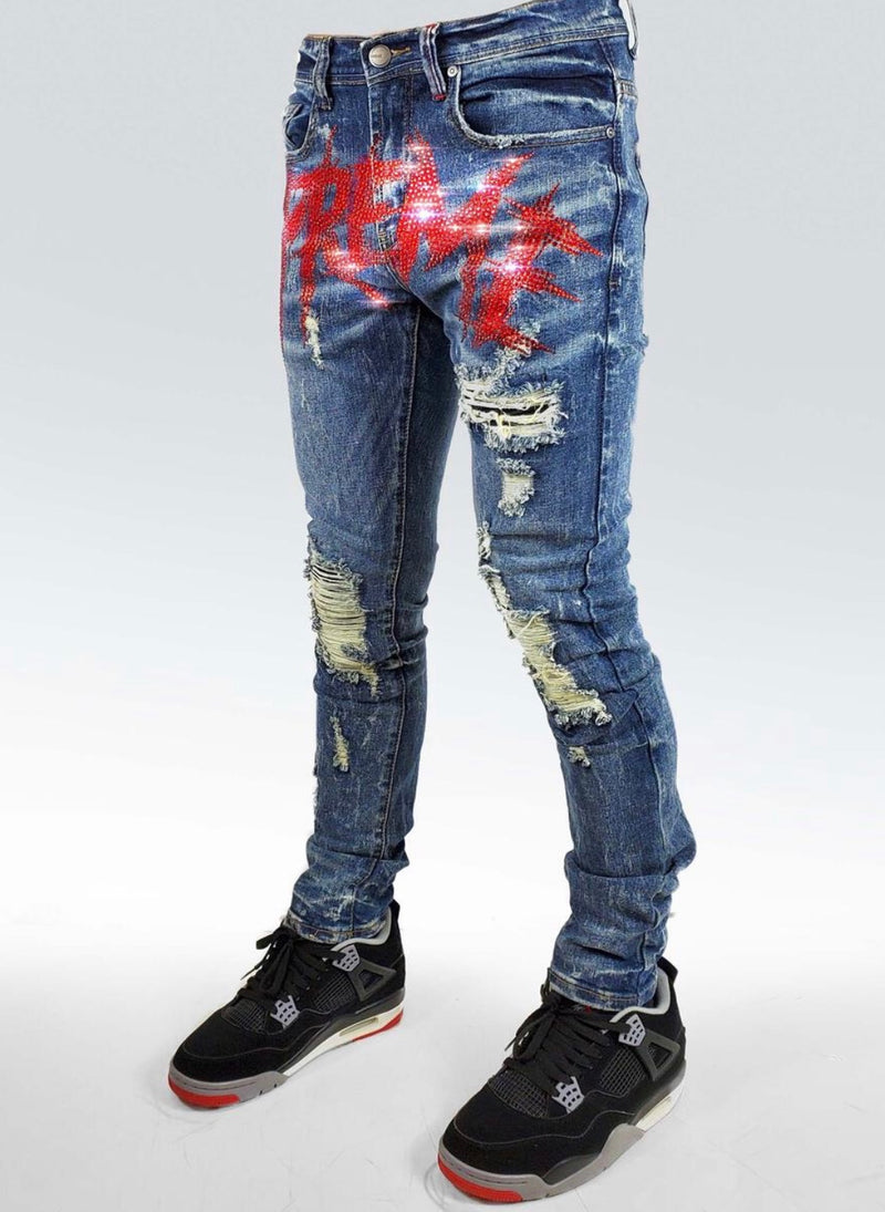 Preme Denim Iguazo Indigo Preme Script Jeans (Red Rhinestone)