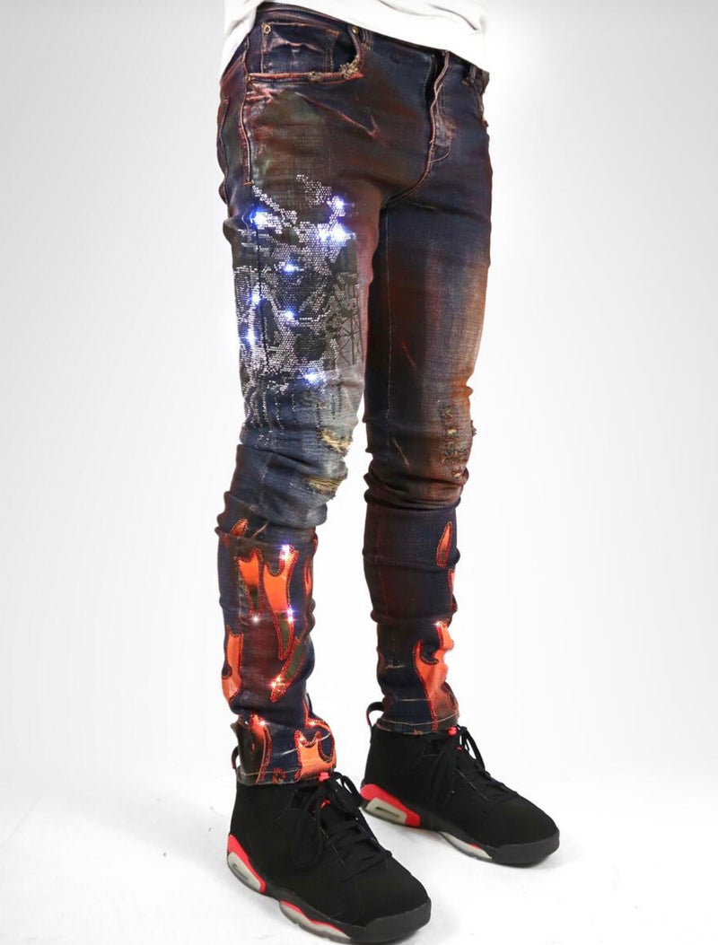 Industrial Indigo  Flame Rhinestone Jean (Indigo)