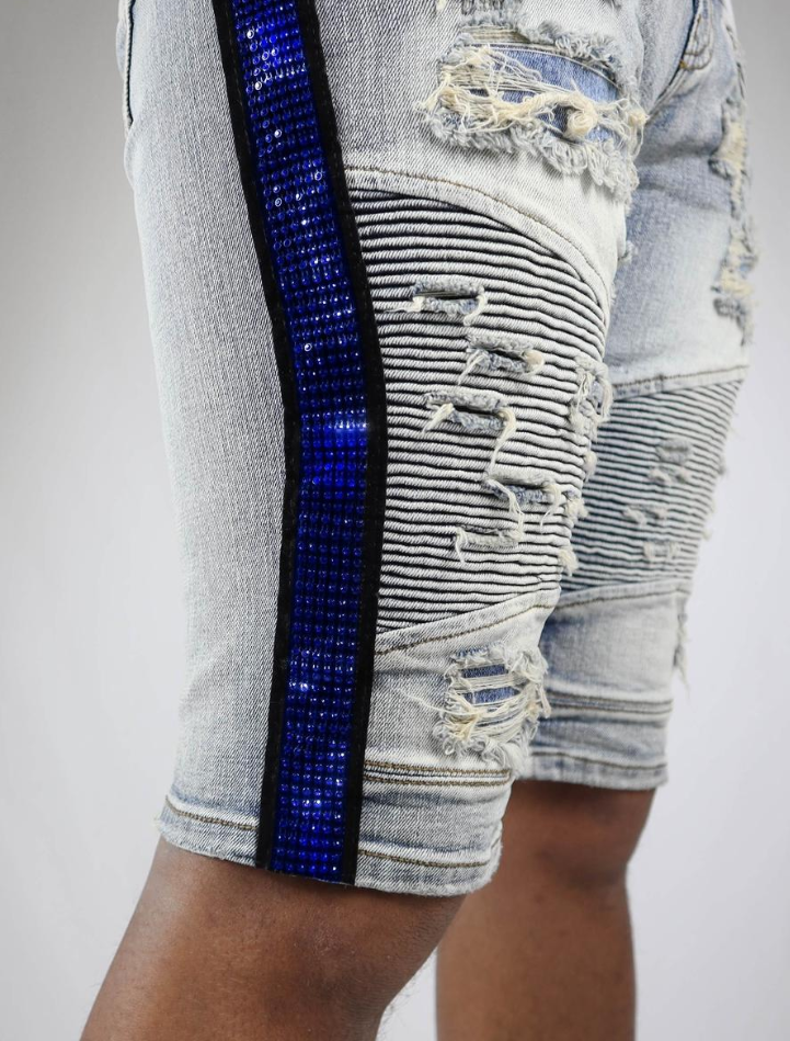 Preme Denim Side Rhinestone Stripe Shorts (Itacha Indigo/Blue)