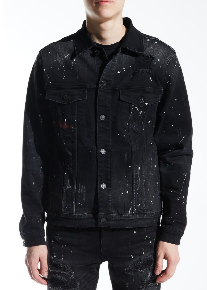 Embellish Lane Denim Jacket (Black/Green Paint)