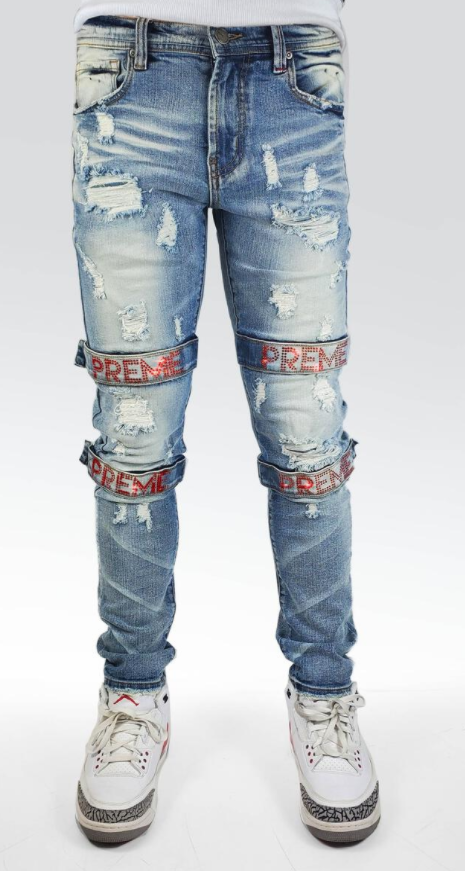 Preme Denim Iguazo Indigo Jeans (Red Rhinestone Strap)