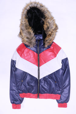 DAKOMA Women Colorblock Leather Jacket W/Fur Hood (Navy/Red/White)