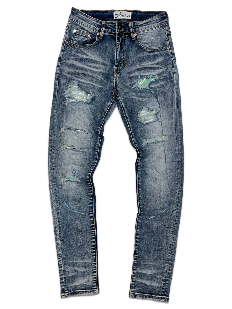 Politics Rhinestones Distressed Denim (Medium Wash)